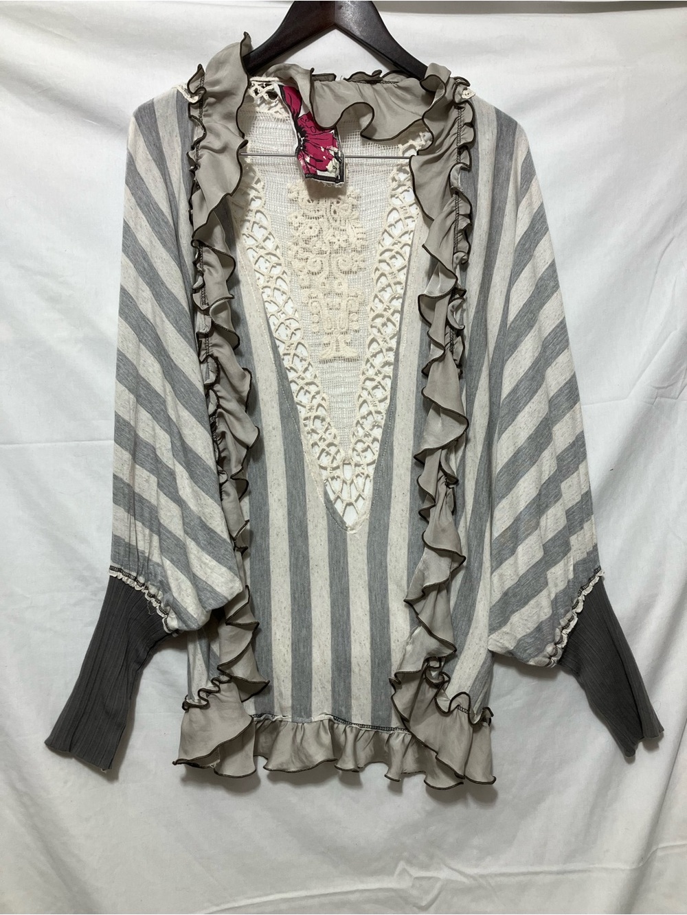 Striped Ruffle Crochet-Insert Top - Gray & Cream